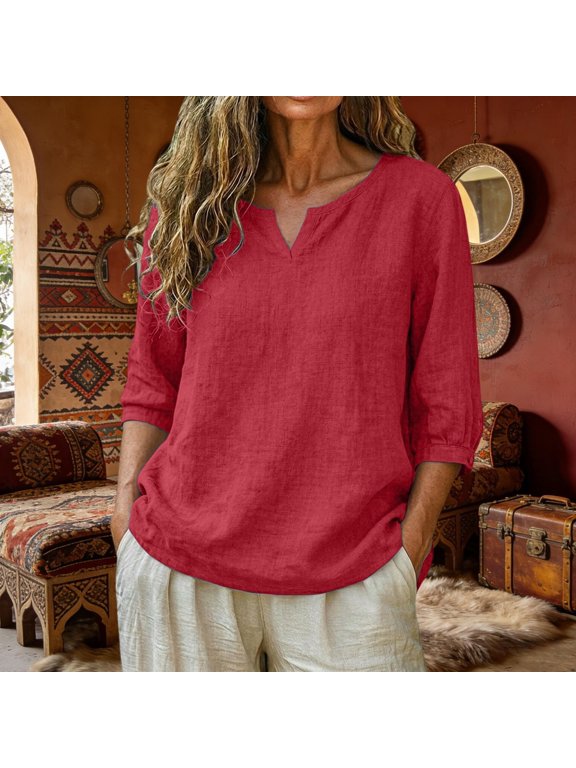 Cotton Linen Tops for Women,Summer V Neck 3/4 Sleeve Blouses,Gauzy Beach Top Plain Loose Boho Tunics Red L
