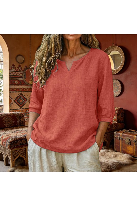 2026 Cotton Linen Tops for Women,Summer V Neck 3/4 Sleeve Blouses,Gauzy Beach Top Plain Loose Boho Tunics Vermilion L