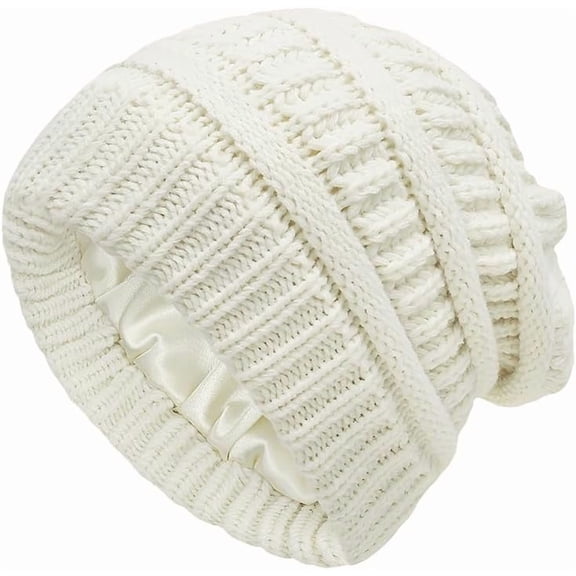 2026 Cozy Cable Knit Beanie Hat, Chunky Stretchy Winter Slouchy Cap Satin Lined Warm Beanie for Women Fall Winter Knit Hat