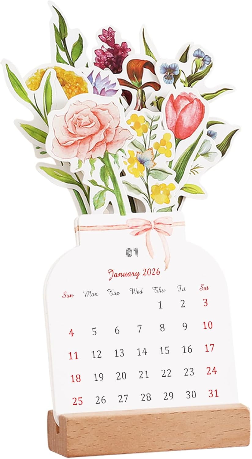 2026 Creative Flower Desk Calendar, Vase Shaped New Year Monthly Calendar Planner 3.9" x 9.4"