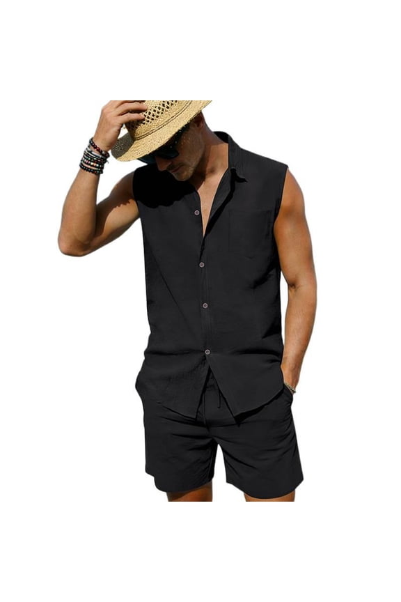 2026 Cross-Border Men's Summer New Linen Suit Beach Hawaiian Collared Sleeveless Shirt and Shorts Set for Men