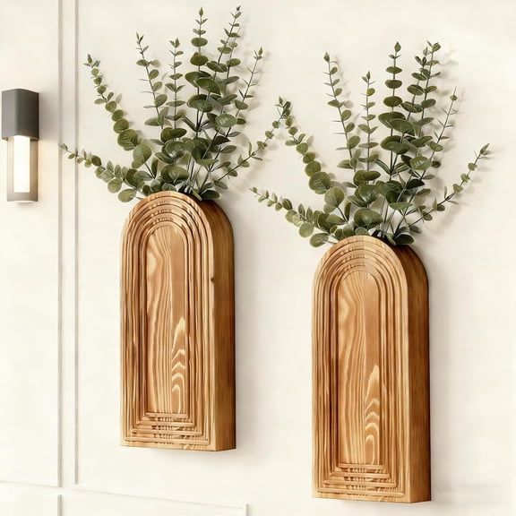 2026 Crowd Favorite Set of 2 Brown Boho Wooden Wall Mounted Vase, Rustic Hanging Flower Planter for Dried Greenery, Farmhouse Wall Decor for Entryway Bathroom Living Room