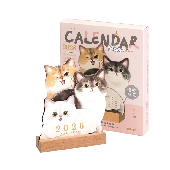 2026 Cute Cat Wall Calendar with Wooden Base, Desktop Decor, Home Office Desk Ornament, High-Value Animal Lover Gift, Tear-Off Monthly Planner, Decorative Calendar for Cat Enthusiasts