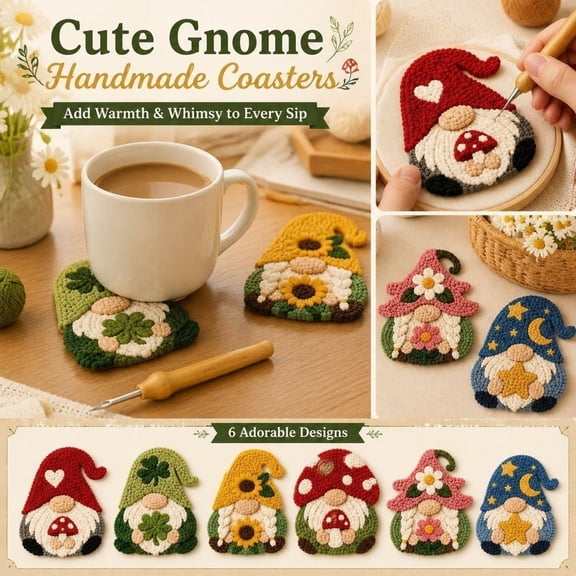 2026 Cute Gnome Themed Punch Needle Coaster Kit, 6 Unique Designs Polyester Yarn Craft Set, Decorative Handmade Coasters for Coffee Table Home Decor