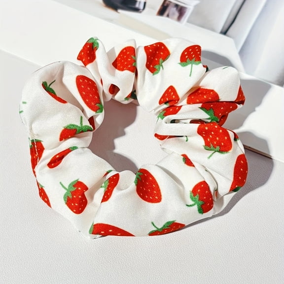 2026 Cute Strawberry Cherry Print Headband, Soft and Elastic Scrunchie, Sweet Women's Ponytail Hair Tie, Hair Accessory 3pcs