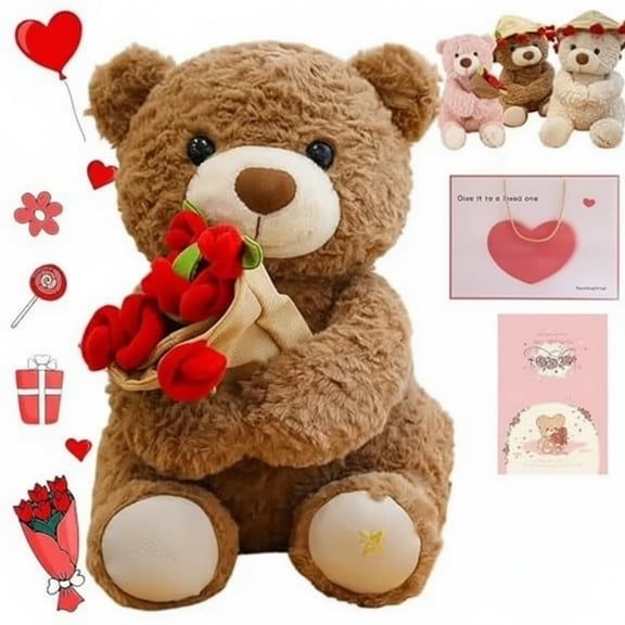 2026 Cute Teddy Bear Plush Toy with Red Rose, Teddy Bear for Girlfriend with a Cute Bouquet of Flowers, Romantic Teddy Bear Stuffed Animal for Kids Girlfriends Boyfrieds