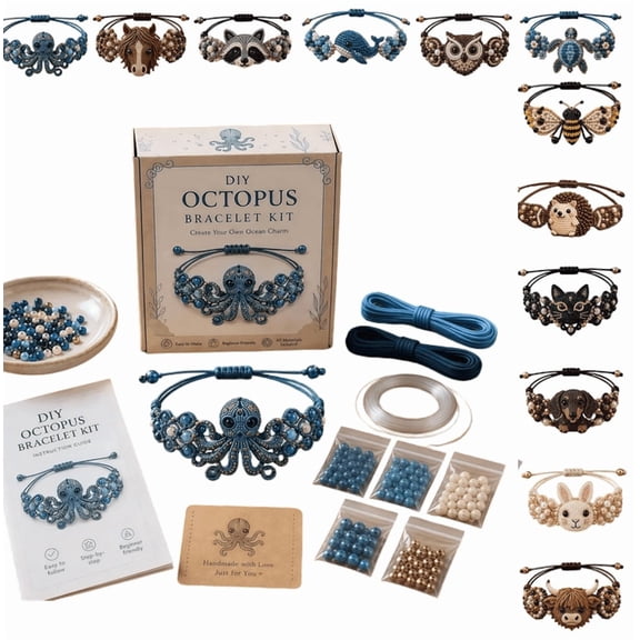 2026 DIY Beaded Bracelet Making Kit, 3D Animal Bead Craft Kit for Beginners, Creative Jewelry Supplies with Charms and Beads, Adults & Craft Lovers, Full-Color Instruction Sheet Octopus