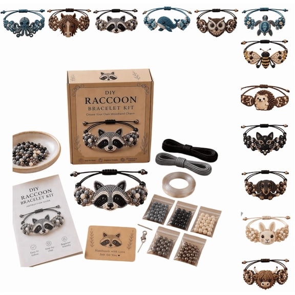 2026 DIY Beaded Bracelet Making Kit, 3D Animal Bead Craft Kit, Jewelry Supplies , Starter Set, Cute Cat, Owl & More, Creative Craft for Adults,Full-Color Instruction Sheet Raccoon