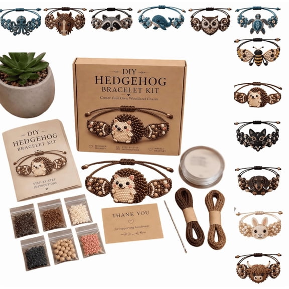 2026 DIY Beaded Bracelet Making Kit, 3D Animal Bead Craft Kit, Jewelry Supplies , Starter Set, Cute Cat, Owl & More, Creative Craft for Adults,Full-Color Instruction Sheet Hedgehog