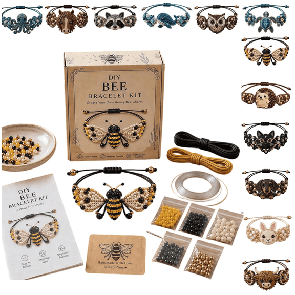 2026 DIY Beaded Bracelet Making Kit, 3D Animal Bead Craft Kit, Jewelry Supplies , Starter Set, Cute Cat, Owl & More, Creative Craft for Adults,Full-Color Instruction Sheet Bee