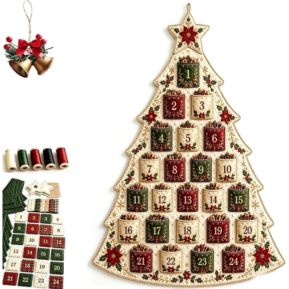 2026 DIY Fabric Christmas Advent Tree Kit, 24 Pocket Handmade Christmas Countdown Calendar, Wall Hanging Calendar for Farmhouse Holiday Home Mantel Decor, Reusable Quilted Xmas Ornament E