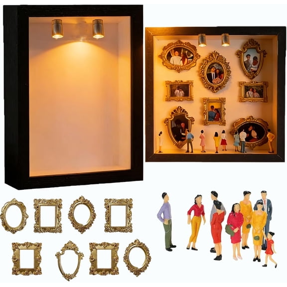 2026 DIY Mini Gold Grames Silhouette Box, Upgrade Shadow Box Frame Kit with Gold Miniature Museum & Figurines, Celebrate Your Unique Memories in Style, for Anniversary, Wedding, Birthday & Home Decor