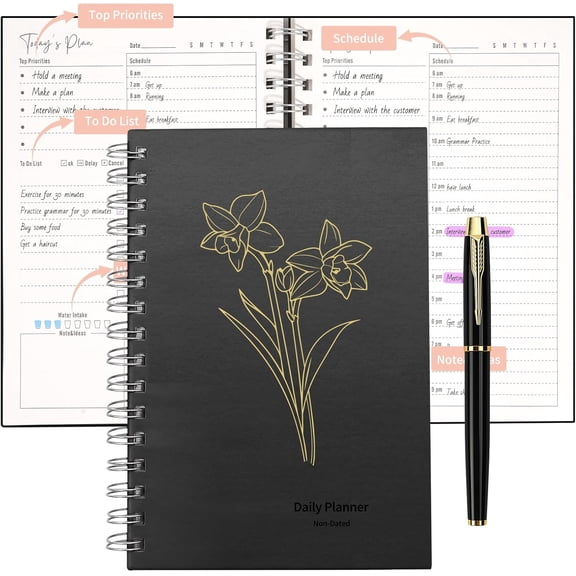 2026 Daily Planner Notebook, Spiral Journals with Pen Set, A5 Hardcover Academic Hourly Schedules Appointment Planner for Office  School, Black