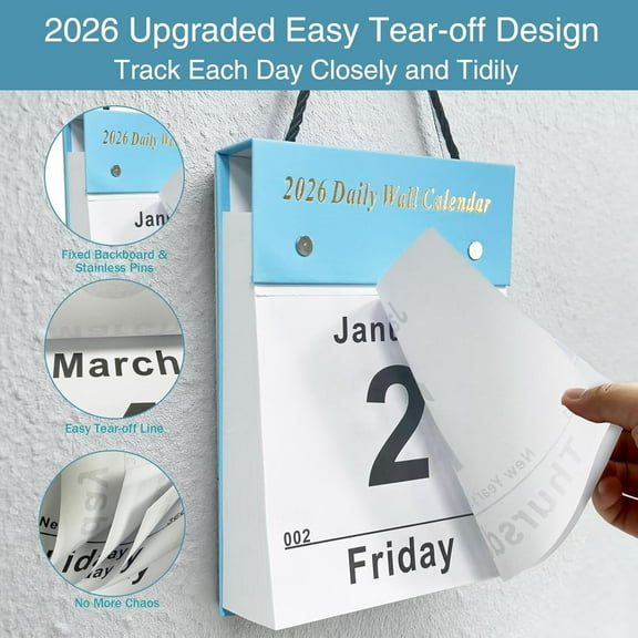 2026 Daily Wall Calendar, Page per Day with Large Print Dates, 365 Day Tear off Wall Calendar for Seniors Gift Home Office Dorms, 6.5" x 8.6", Tear Away Calendars with Hanging String, Blue