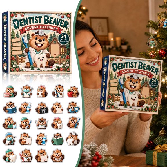 2026 Dentist Beaver Christmas Advent Calendar 24 Days Blind Box,Toothbrush Tooth Model Medical Uniform 2D Flat Acrylic Ornament Set,Home Wall Door Decor Dentist Lover Xmas Party Stocking Stuffer Gift