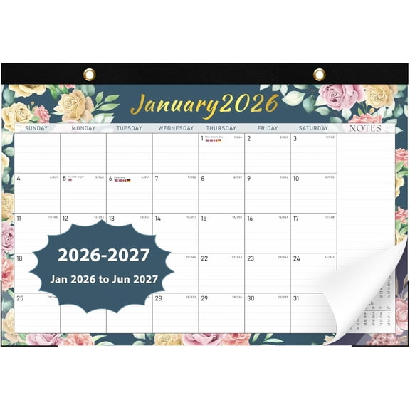 2026 Desk Calendar, 18 Monthly Calendar Runs from January 2026 to June 2027, Large 17" x 12" Desktop/Wall Calendars Easy Scheduling & Notes, Ideal for School, Home and Office - Vintage Floral
