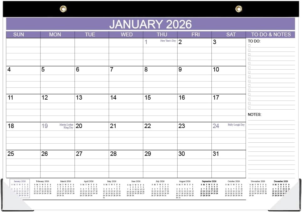2026 Desk Calendar - Calendar 2026 from January 2026 - December 2026, Desk Calendar 2026 with to-do List, 12" x 17", Purple