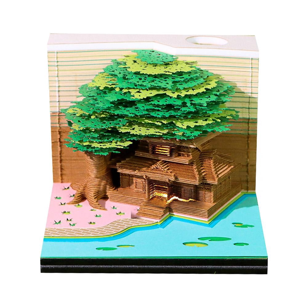 2026 Desk Calendar Memo Pad With Lights,Time Piece Calendar 2026,Cute 3D Tree House Notepads,Colorful House 3D Paper Carving Art Craftwork Desk Decoration for Office Reading Room
