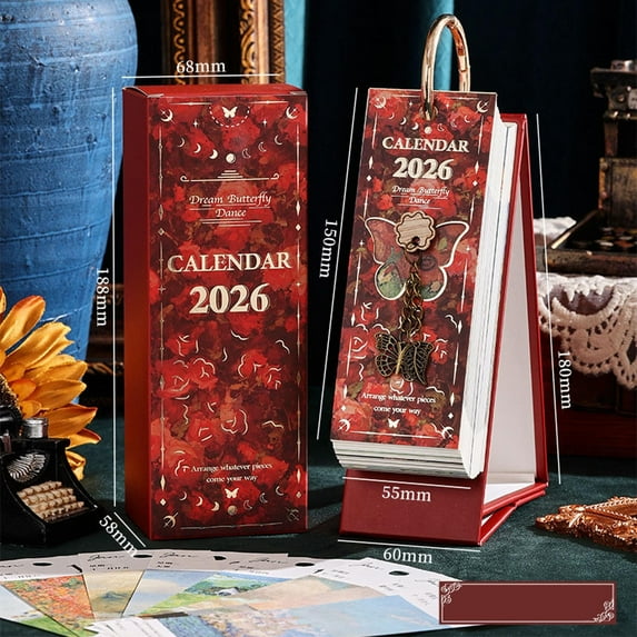 2026 Desk Calendar Vintage Oil Painting Design One Page A Day Tear Off Pad with Gold Foil Stand Office Desk Organizer Countdown Planner for Home Office Decor and Gift Idea