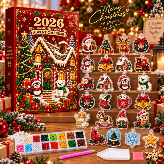 2026 Diamond Painting Advent Calendar, 24-Day DIY Christmas Countdown Kit with 24 Acrylic Hanging Ornaments, Gem Applicator Pen, Tray and Wax for Adults, A06