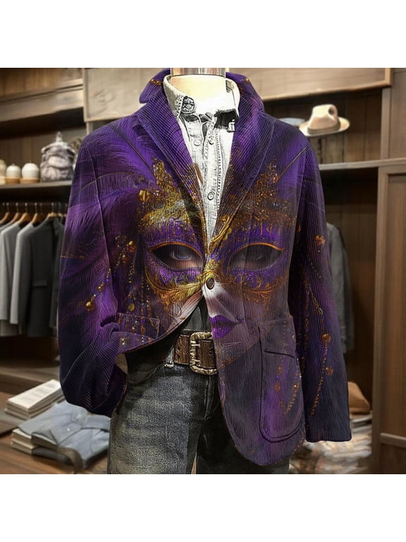 2026 Domzest Mardi Gras Blazer for Men Carnival Graphic Button Suit Jacket Loose Fit Festive Streetwear Corduroy Blazer Autumn Fashion Warm Jackets Pink XL