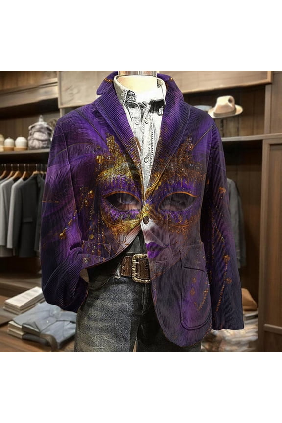 2026 Domzest Mardi Gras Blazer for Men Carnival Graphic Button Suit Jacket Loose Fit Festive Streetwear Corduroy Blazer Autumn Fashion Warm Jackets Pink XL