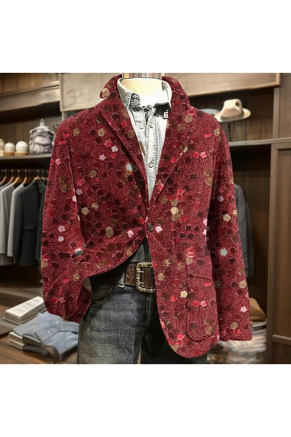 2026 Domzest Mardi Gras Blazer Men Relaxed Fit Carnival Graphic Suit Jackets Holiday Streetwear Corduroy Button Blazer Winter Fashion Warm Jacket Red M