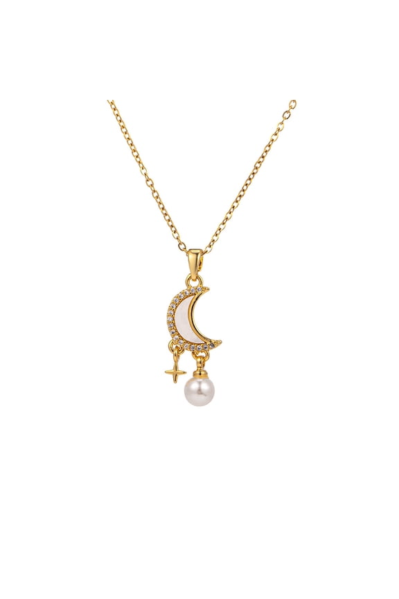 2026 Dreamy Moon Star Pearl Pendant Necklace - Gold Plated Zircon Celestial Tassel Collarbone Chain for Women Elegant Jewelry