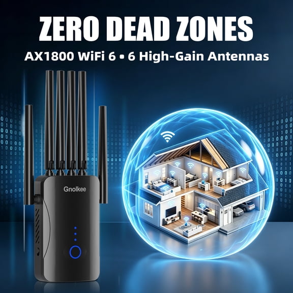 Gnolkee AC1800 WiFi Extender Signal Booster, Dual-Band Internet Booster for Home, Wireless Range Extender Repeater with Ethernet Port (Black)