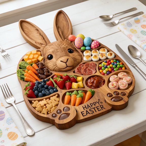 2026 Easter Bunny Wooden Charcuterie Board,Cute Rabbit-Shaped Serving Tray with Compartments,Perfect Easter Party Centerpiece, for Holiday Snacks & Treats Kitchen Table Decoration