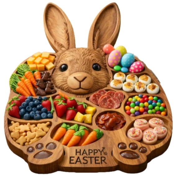 2026 Easter Bunny Wooden Charcuterie Board, Rabbit Wooden Deli Board, Cute Rabbit-Shaped Serving Tray with Compartments, for EasterParty Centerpiece Holiday Snacks & Treats KitchenTable