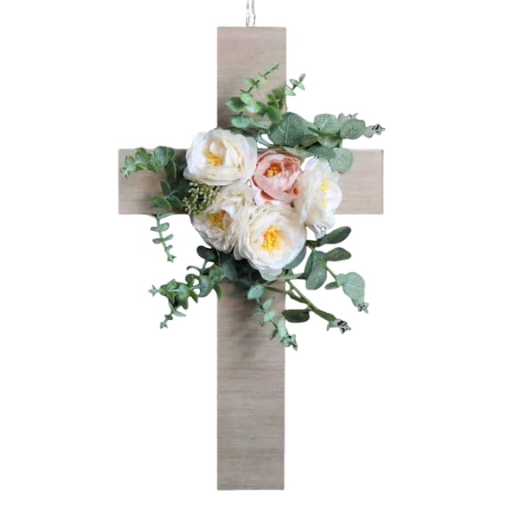 2026 Easter Cross Floral Wreath – Artificial Flower Cross Decoration for Front Door, Wall Hanging, Outdoor & Indoor Easter Holiday Decor, Religious Spring Party Display, Seasonal Home Accent