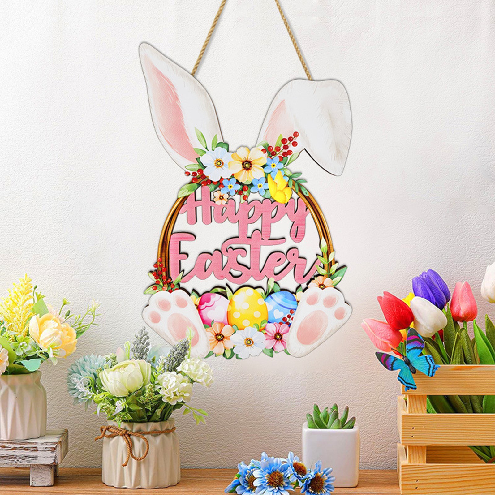 2026 Easter Decorations Wooden Easter Wreath Door Sign For Front Door ...
