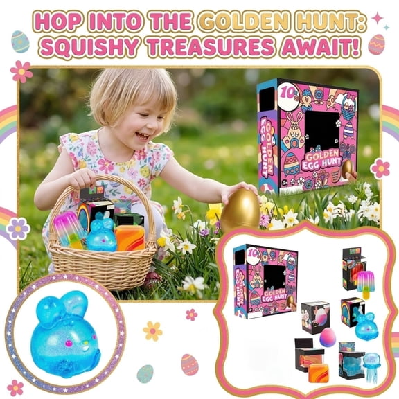 2026 Easter Golden Egg Hunt Mystery Surprise Set – Super Solid Squishy Sensory Toys Stretchy and Dough-Filled Mini Fidget Toys for Easter, Easter Egg Game+4 * Mystery Toys