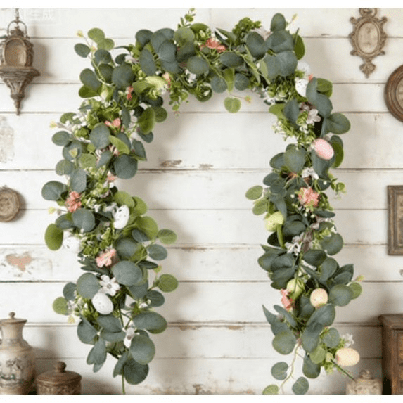 2026 Easter Spring Vine Decoration Artificial Rattan Eucalyptus Leaf Garland with Colored Eggs & Flowers for Mantel Doorway Staircase Festive Home Holiday Ornament,A