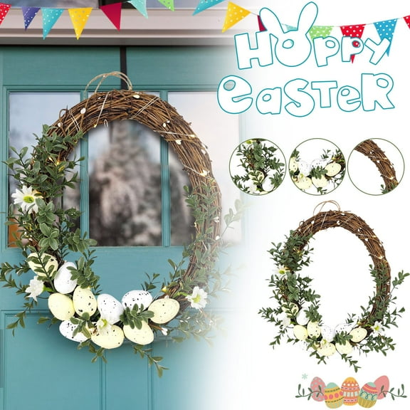 2026 Easter Wreath, 12" Lighted Spring Wreath for Front Door with Artificial Greenery, Easter Eggs & Daisy Flowers, Festive Easter Decor for Home Porch, Wall, Window, Indoor & Outdoor Holiday Display