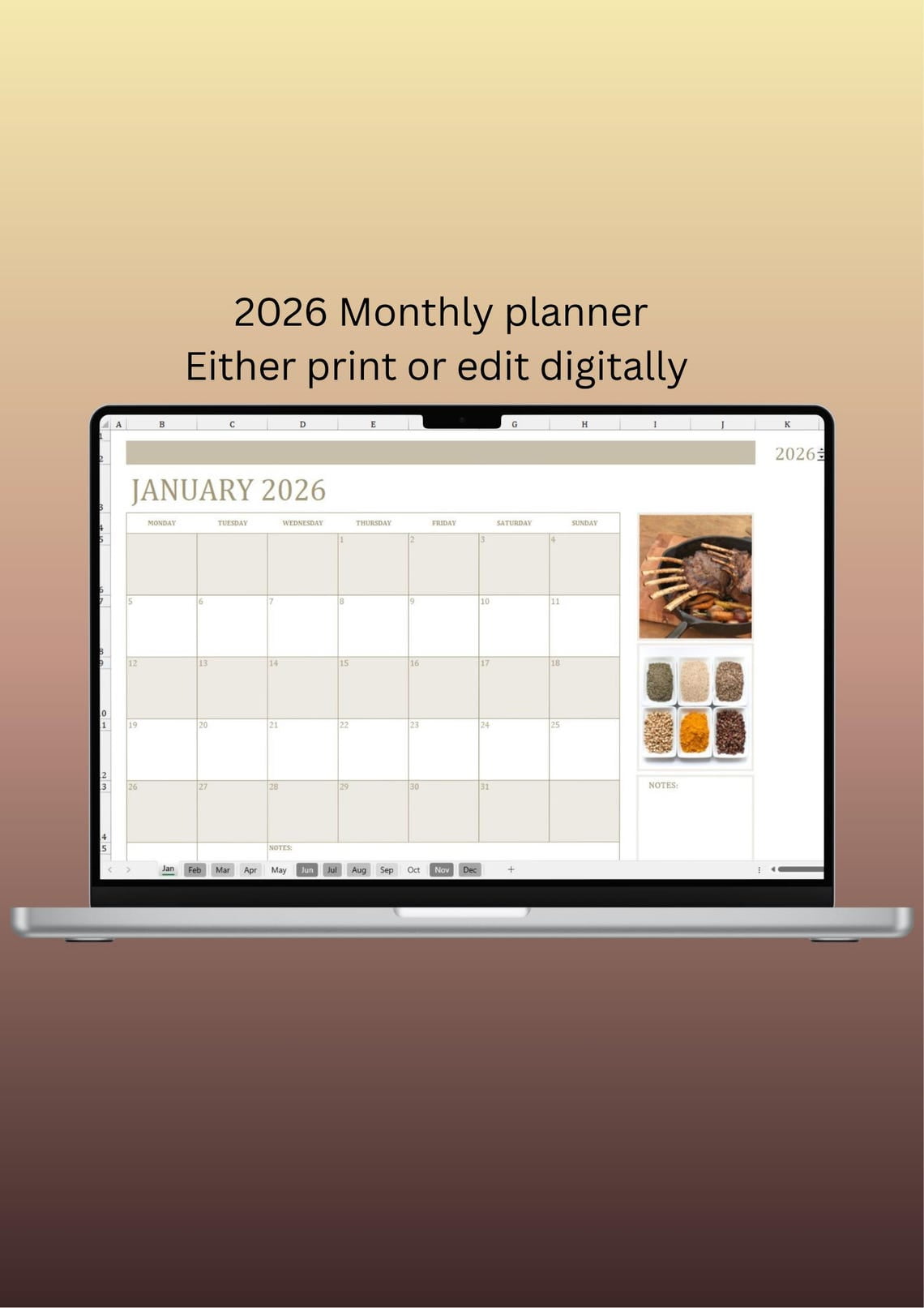 2026 Editable Excel Calendar Planner Monthly Tabs Reusable Spreadsheet ...