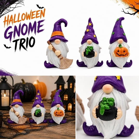 2026 Edition Halloween Gnome Statue, Spooky Witch Hat Dwarf Figurine for Adults, Charming Holiday Desk Decoration Set, Autumn Fall Country Cottage Halloween Room Plaque 3PCS