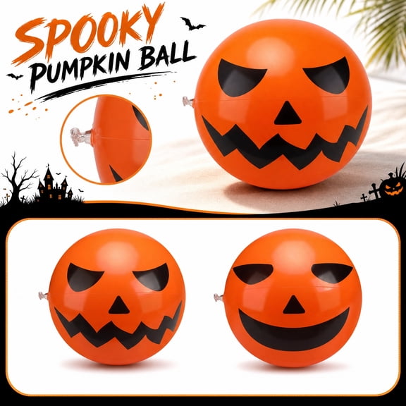 2026 Edition Halloween Inflatable Beach Ball, Spooky Pumpkin Pool Toy for Adults, Gothic Orange Balloon Accessory with Base, Vintage Noir Halloween Water Party Crafts