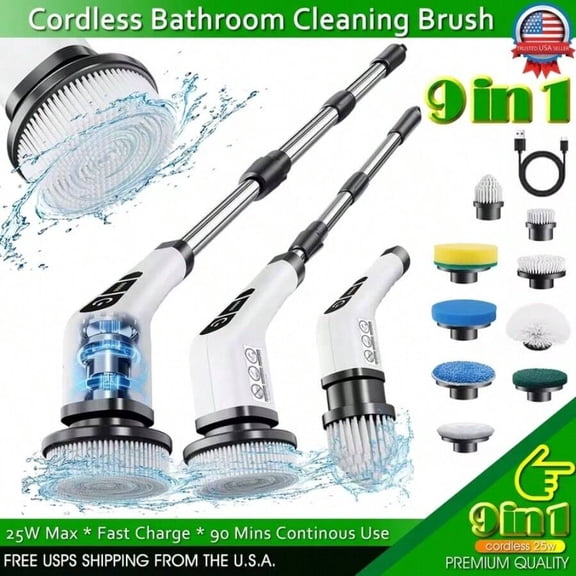 2026 Electric Rotary Scrubber, Rechargeable Cleaning Brush, Shower Scrubber With 9 Brush Heads, 2H Power 2-Speed, Adjustable Extended Handle, IPX7 Waterproof For Tubs Tile Floors Cars, Gift.