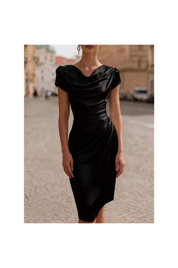 2026 Elegant Cowl Neck Sheath Dress for Women, Short Sleeve Ruched Waist Midi Pencil Dress, Formal Cocktail & Office Wear