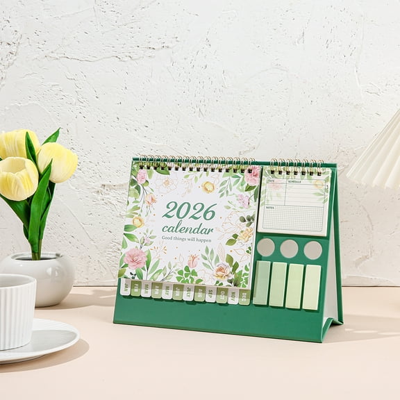 2026 Elegant Floral Desktop Calendar Planner with Stickers - Green & Golden Monthly/Weekly Organizer with Pastel Green Cover, Large Monthly Calendar Grids, Daily Schedule Table,8.27" x6.89"