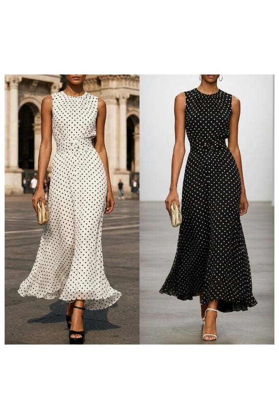 2026 Elegant Polka Dot Sleeveless Maxi Dress for Women, Waist Cinch Flowy A-Line Dress, Summer Casual & Party Wear