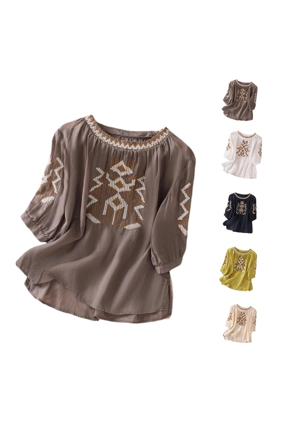 2026 Embroidered Cotton Linen Tops for Women 3/4 Sleeve Summer Boho Dressy Casual Peasant Gauze Blouses Gray M