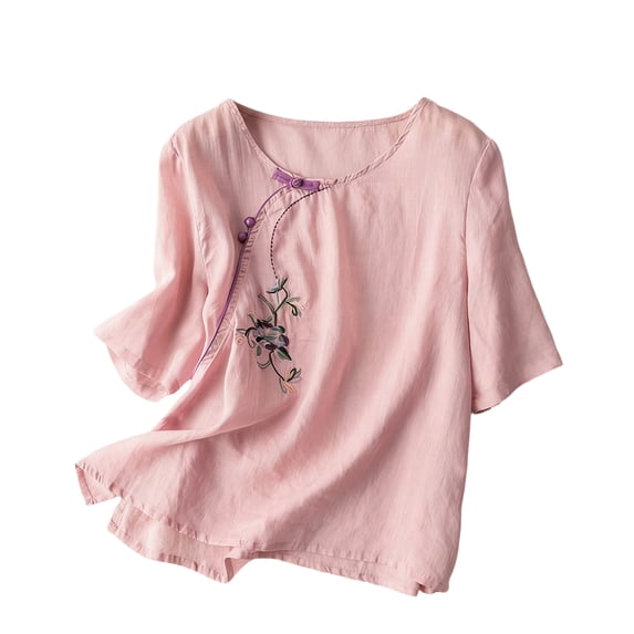Embroidered Cotton Linen Tops for Women 3/4 Sleeve Summer Boho Tunic Top Dressy Casual Peasant Gauze Tshirts Pink 2XL