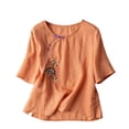 thumbnail image 1 of Embroidered Cotton Linen Tops for Women 3/4 Sleeve Summer Boho Tunic Top Dressy Casual Peasant Gauze Tshirts Saffron L, 1 of 3