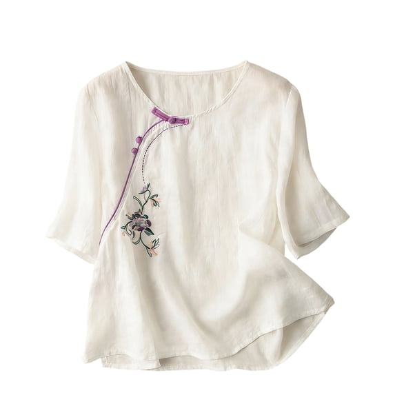 2026 Embroidered Cotton Linen Tops for Women 3/4 Sleeve Summer Boho Tunic Top Dressy Casual Peasant Gauze Tshirts White XL