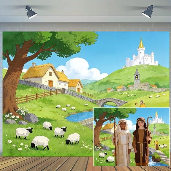 2026 Emerald Isle Theme Backdrop Building Sheep Shepherds Pastoral Countryside Bible School Backdrop Vacation Holiday Classroom Room Wall Decor Photo Booth Prop, 7x5ft