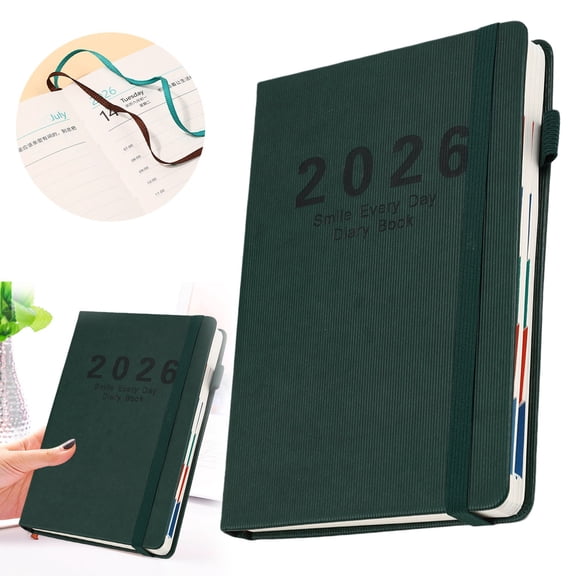 2026 English Calendar Notebook Vertical Patterned Strap Daily Planner Annual Calendar Notebook, Blackish Green
