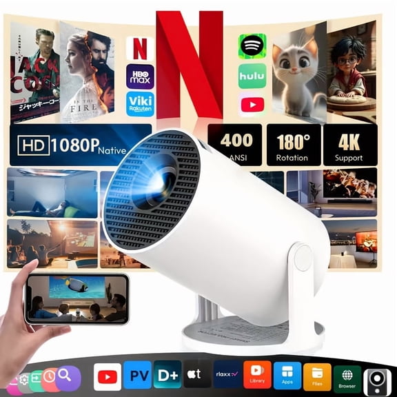 2026 Enhanced Mobile Projector with Android 11.0 OS, 4K Support & 1080P Native Resolution, 400 ANSI Lumens HD Lens, Ideal for Outdoor Camping & Office Use